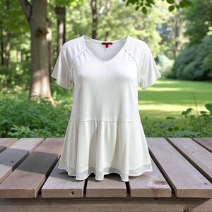 RED by EVE White V Neck Peplum Tiered Mesh Trim Tunic Top Shirt Women's L